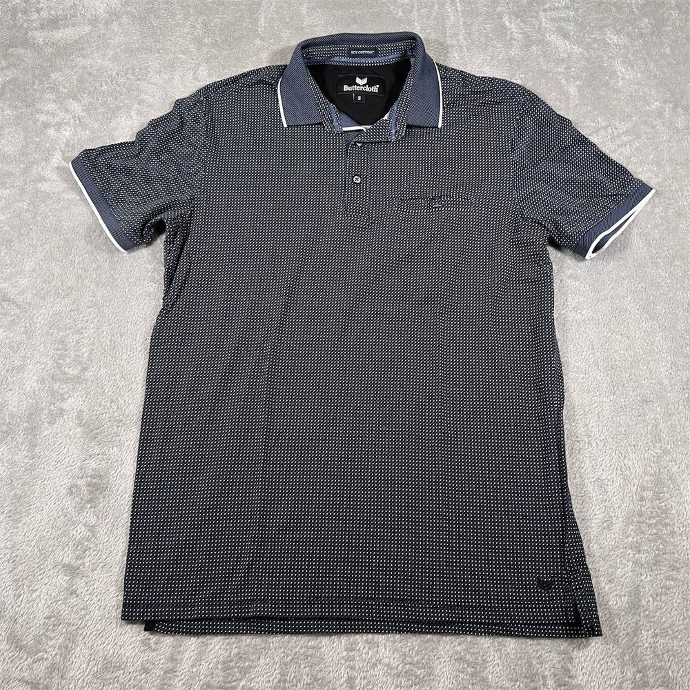 Buttercloth Polo Shirt Men's Small Blue‎ Geometric Icy Cotton Short Sleeve